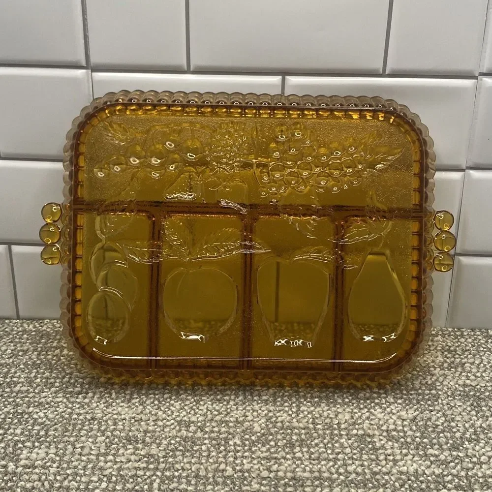 Vintage Glass Amber Fruit Platter Charcuterie Tray‎ Handles